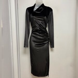 Donna Karan New York Black Velvet Ruched Midi Dress | Size 10